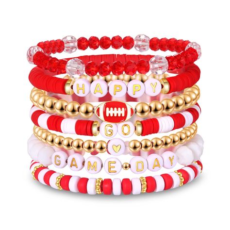 PRICES MAY VARY. Game Day Bracelets: It features a set of 7 heishi beaded bracelets, adorned with 6mm red and black polymer clay vinyl disc beads and with White & Gold Letter Beads spelling "HAPPY GO GAME DAY", Wear these red black team color bracelets with your favorite team game day outfits to complete your game day look in style Football Bracelets: It's Game Day Baby! Whether you're supporting your favorite national football team, cheering on your college football team, or showcasing your spi Football Bracelet Diy, Football Team Clay Bead Bracelets, Adjustable Beaded Bracelets For Game Day With School Spirit, Multicolor Beaded Bracelets For Game Day, Game Day Bracelet Stacks, Adjustable Bracelets For Game Day, Football Season, Clay Vinyl, Color Bracelets, Outfits Jewelry