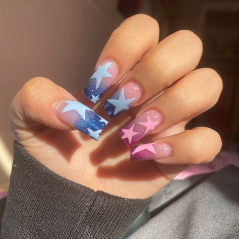 Blue N Pink Nails, Blue And Pink Short Nails, Pink And Blue Star Nails, Pink N Blue Nails, Pink And Dark Blue Nails, Pink And Blue Acrylics, Blue And Pink Nails Acrylic, Pink Blue Nails Designs, Baby Pink And Blue Nails