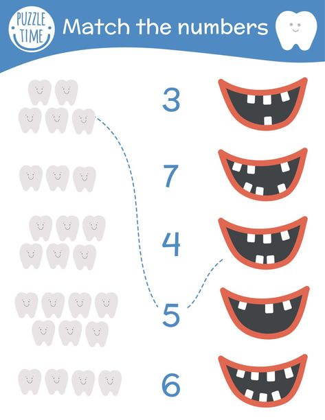 Matching game with teeth and mouth. Dental care math activity for preschool children. Dentist clinic counting worksheet. Educational riddle with cute funny elements for kids. Dental Games, Dental Health Preschool Crafts, Health Preschool, Dental Health Preschool, Dental Health Activities, Hygiene Activities, Counting Worksheet, Dentist Clinic, Kids Dentist