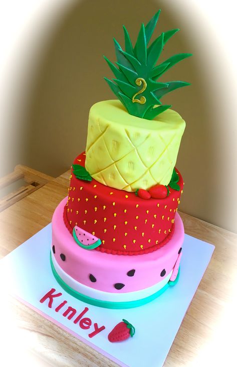 Two-tti Fruity birthday cake I made! Twotti Fruity Birthday Cake, Fruity Birthday Cake, Twotti Fruity Birthday, Tutti Fruitti Party, Tutti Fruity Party, Twotti Fruity, Tutti Frutti Birthday Party, Button Cake, Tutti Frutti Party