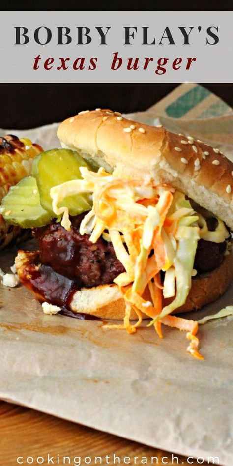 Hamburgers Recipes, Texas Burger, Burgers Recipes, Hamburger Recipe, Bobby Flay Recipes, Bbq Cookout, Bbq Burger, Juicy Burger, Spicy Pickles