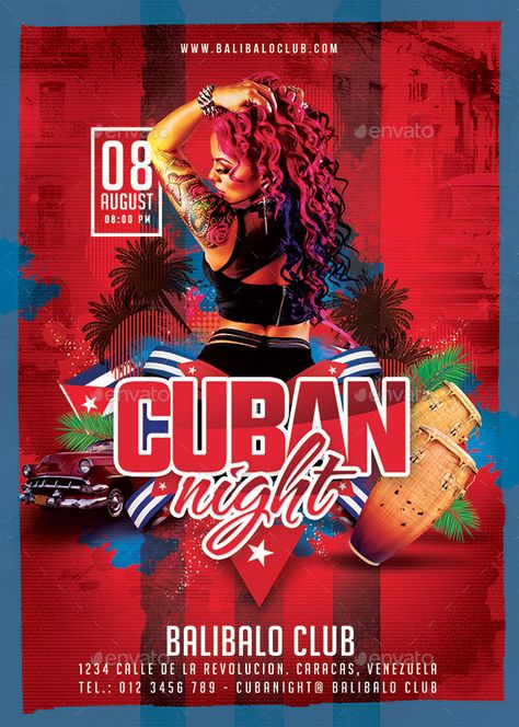 Cuban Night Party Flyer Template PSD - Download: https://graphicriver.net/item/cuban-night-party/21688220?ref=ksioks Latin Party Flyer, Class Poster Ideas, Latin Christmas, Latino Party, Latin Club, Latino Music, Club Posters, Havana Party, Cuban Party