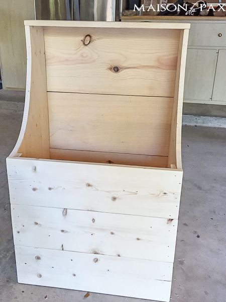 step by step tutorial and building plans for an "antique" firewood box - perfect for a mini mudroom, too! maisondepax.com 39.5 H x 24 W (approx.) Box For Firewood, Mini Mudroom, Indoor Firewood Rack, Firewood Storage Indoor, Firewood Storage Outdoor, Wood Stove Fireplace, Firewood Rack, Firewood Storage, Wood Storage Box