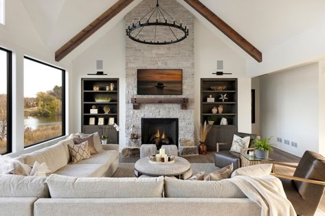 Modern Rustic Estate - Modern - Living Room - Minneapolis - by Swanson Homes | Houzz Rustic Glam Living Room, Open Concept Dining Room, Modern Hacienda, Living Room And Family Room, Glam Living Room Decor, Popular Living Room, Modern Rustic Living Room, Minnesota Home, Glam Living Room