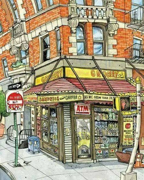 Typical NY bodega corner Building Illustration, Bd Comics, Urban Sketchers, House Drawing, Sketchbook Journaling, Sketchbook Inspiration, Urban Sketching, Arte Animal, Watercolor And Ink