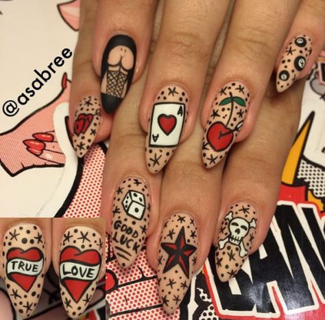 Rockabilly Nail Art, Punk Rock Nail Art, Punk Rock Nails Grunge, Punk Rock Nails Designs, Pin Up Nails, Rock Nail Art, Rockabilly Nails, Nails Grunge, Rock Nails