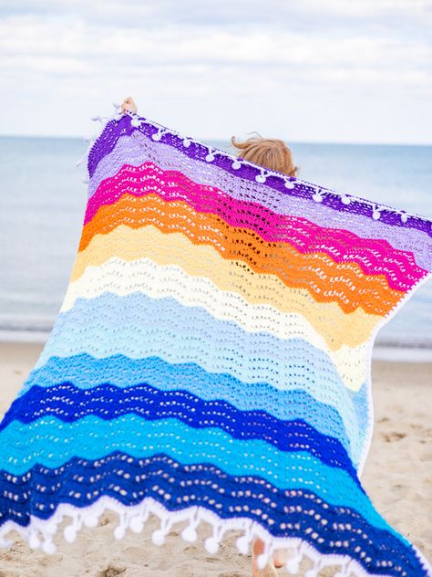 Ocean Sunrise Throw - I Like Crochet Crochet Beach Blanket, Crochet Ripple Stitch, Shell Tassels, Bright Crochet, Yellow Blanket, Crochet Modern, Ocean Sunrise, Sunrise Colors, Ripple Stitch