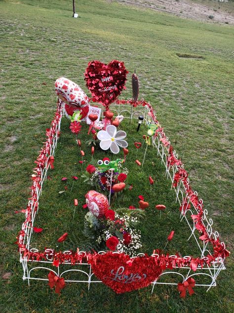 Valentine's Day 2019. Cemetery decorations Grave Site Decorations Cemetery, Valentine Cemetery Decorations, Birthday Cemetery Ideas, Diy Cemetery Decorations, Gravestone Decorations Cemetery, Graveside Decorations Diy, Grave Ideas Cemetery Decoration, Memorial Day Grave Decorations, Grave Birthday Decorations