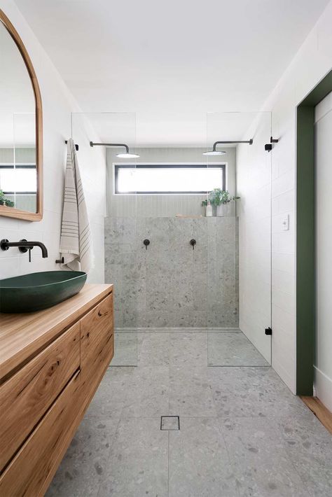 Double-shower Terrazzo Bathroom Tiles, Double Showers, Bathroom Terrazzo, Terrazzo Bathroom, Grey Bathrooms Designs, Grey Bathroom Tiles, Timber Vanity, Green Sink, Double Shower