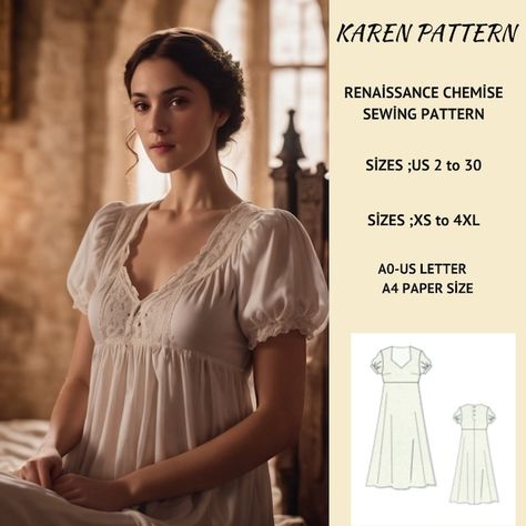 Regency Nightgown Pattern, How To Sew A Nightgown, Chemise Dress Pattern, Underdress Pattern, Regency Nightgown, Chemise Sewing Pattern, Cottagecore Sewing Pattern, Medieval Nightgown, Chemise Pattern