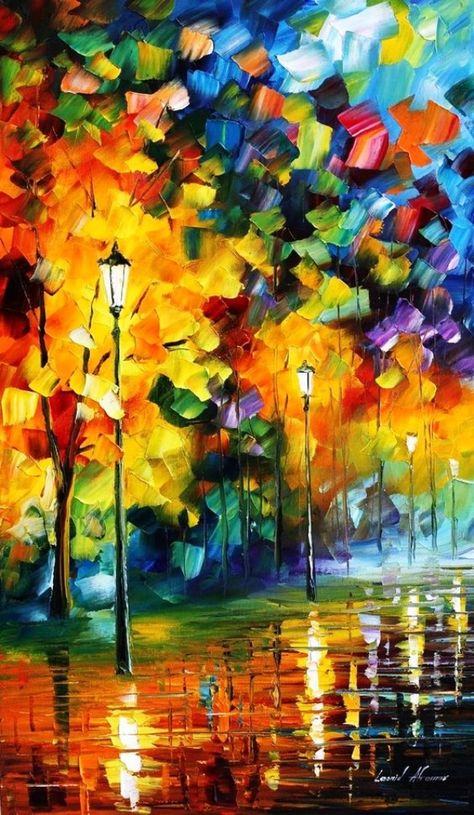 Clever-Examples-of-Brush-Stroke-Paintings Leonid Afremov, Painting Ideas For Beginners, Street Lights, Painting Ideas, Canvas Painting, Oil Painting, Trees, Canvas, Art