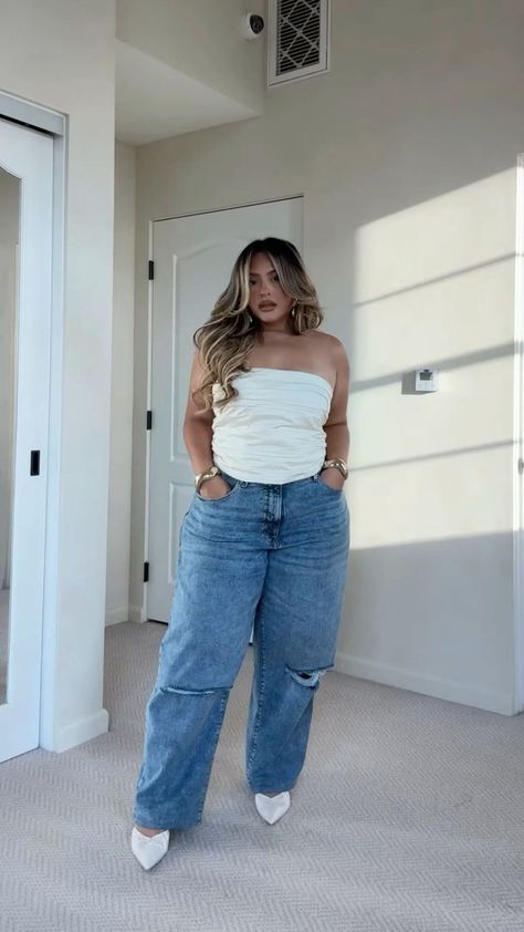 Midsize Night Out Outfit, Medium Sized Women Outfits, Street Style Midsize, Loose Jeans Outfit, Night Out Outfit Summer, Curvy Street Style, Style Midsize, Womens Street Style, Fashion Midsize