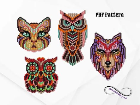 Colorful Brick Stitch Beading Patterns for Jewelry and Ornaments by BeadingNBeyond / The Beading Gem Beaded Owl Earrings, Beaded Cat, Beaded Owl, Miyuki Beads Pattern, Mandala Cat, Diy Seed Bead Earrings, Miyuki Delica Beads, Motifs Perler, Wire Jewelry Tutorial