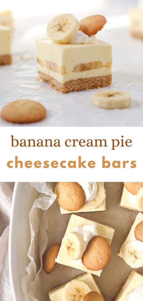 Creamy Banana Pudding Cheesecake, Banana Pudding Bars Recipe, Banana Pudding Squares, Bannan A Pudding Cheesecake, Banana Pudding Cheesecake No Bake, Mini Banana Pudding Cheesecake, Banana Cream Pie Cheesecake, Banana Cheesecake Bars, Banana Pudding Cheesecake Squares