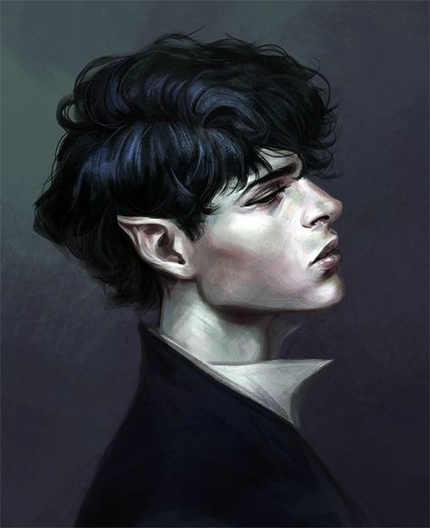 Prince With Black Hair Art, Male Elf Aesthetic, Prince Cardan Fanart, Cardan Drawing, Vampire Fanart Male, Vampire Character Art Male, Carden Greenbriar Fanart, Elf Boy Art, Male Vampire Art