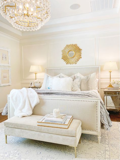 Master Bedroom Makeover - Randi Garrett Design White And Gold Room, White And Gold Comforter, White And Gold Bedding, Gold Comforter, Gold Room, Gold Bed, Glam Christmas, Bedroom White, Gold Bedroom