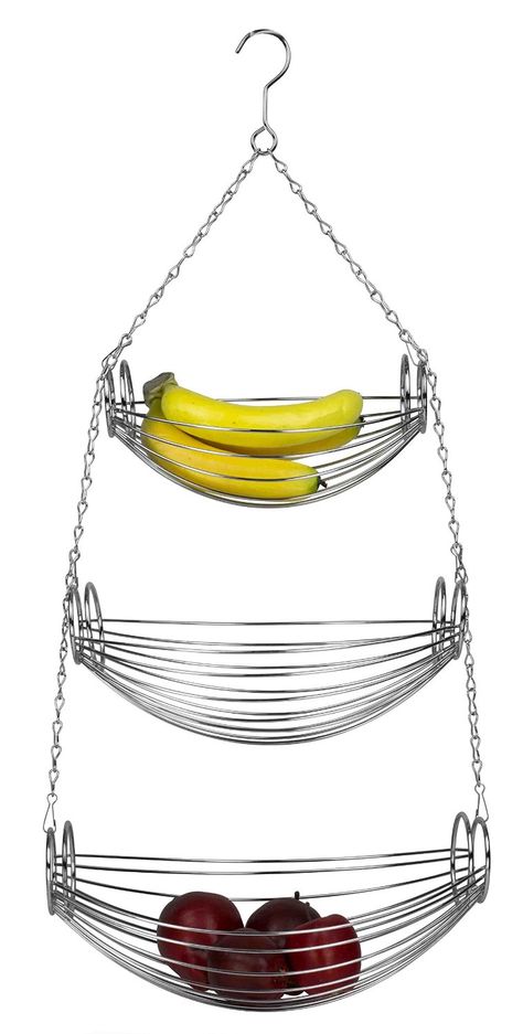 Amazon.com: Home Basics 3-Tier Hanging Basket Hammock (Chrome): Kitchen & Dining Hanging Fruit Basket, Banana Holder, Storing Fruit, Hanging Fruit Baskets, Kitchen Basket Storage, Serving Bowl Set, Home Basics, Shower Rod, Silver Chrome