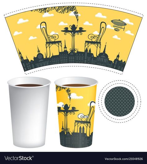 Vector paper Cup template for hot drink. Disposable cup for tea or coffee with on street cafe and served ta… | Paper coffee cup, Coffee cup design, Paper cup design Hot Cup Design, Design Cup Drink, Paper Cup Template, Cup Coffee Design, Drink Cup Design, Coffee Paper Cup, Cafe Street, Paper Cup Design, Paper Tea Cups