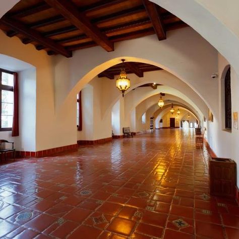 Textured, whitewashed walls, exposed ceiling beams and terra-cotta tile floors are hallmarks of Spanish-style homes. Home Spanish Style, Colonial Interiors, Spanish Style Bathrooms, Spanish Style Decor, Hacienda Homes, Santa Barbara Style, Hacienda Style Homes, Spanish Decor, Spanish Architecture