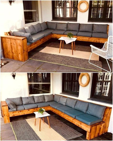 Pallet Corner Sofa, Repurposed Pallets, Unique Wood Furniture, Used Outdoor Furniture, Wooden Sofa Designs, Wooden Pallet Furniture, Pallet Sofa, Furniture Design Wooden, Outdoor Furniture Plans