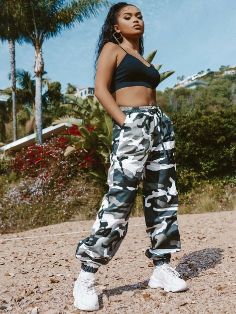 Camo Print High-Rise Drawstring Joggers | SHEIN USA Camo Joggers Outfit, Army Pants Outfit, Camo Pants Outfit, Camo Joggers, Cargo Pants Outfit, Womens Camo, Camo Fashion, Joggers Outfit, Camo Cargo Pants