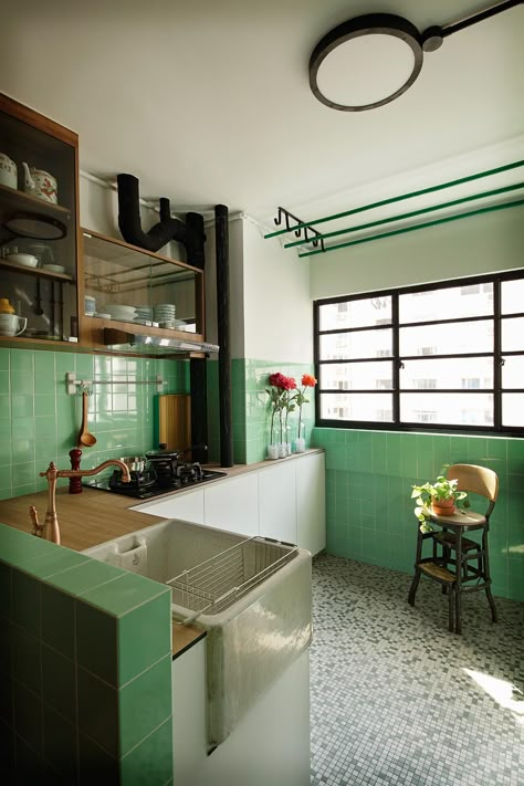 Green Tiled Kitchen, Scandi Interior Design, Tiled Kitchen, Walk Up Apartment, Scandi Interior, Scandi Interiors, Renovation Budget, Modern Colonial, Coastal Interiors Design