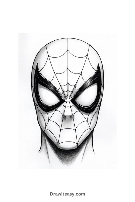 A detailed outline of Spider-Man’s mask, focusing on the eyes and webbing pattern. Spiderman Face Sketch, Drawing For Boys, Spiderman Drawing Sketches, Spider Man Drawings, Spider Man Drawing, Fall Red Hair, Drawings For Kids, Drawing Ideas For Beginners, Spider Drawing