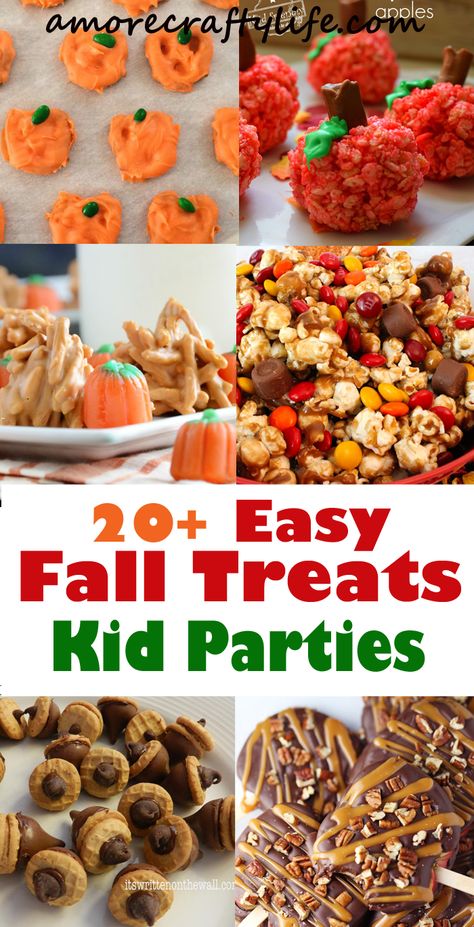 easy party treats- halloween fall snacks - school parties - recipes for kids - amorecraftylife.com #kidsactivities #halloween #preschool Fall Treats Kids, Harvest Party Food, Outdoor Fall Party, School Party Food, Fall Party Snacks, Snack For School, Easy Party Treats, Snacks School, Theme Snack