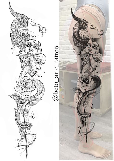 Leg Sleeve Tattoo Sketch, Women’s Leg Sleeve Tattoo Ideas, Leg Sleeve Template, Medusa Leg Sleeve Tattoo, Full Leg Tattoo Design, Full Buttcheek Tattoo Women, Womens Leg Sleeve Tattoo, Leg Tattoo Designs For Women, Leg Sleeve Design