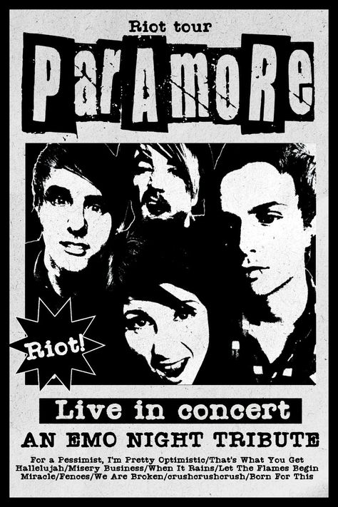 Band Flyers Design Concert Posters, Paramore Poster, Emo Posters, Punk Bands Posters, Emo Night, Prints For Room, The Wombats, Posters For Wall, Rock Poster Art