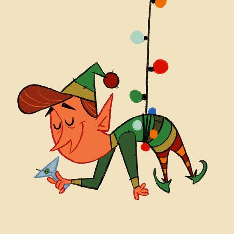 Elf On The Shelf Illustration, Christmas Elves Art, Christmas Elf Character Design, Reindeer Character Design, Funny Christmas Illustration, Retro Christmas Illustration, Christmas Character Art, Christmas Graphic Design Illustration, Christmas Elf Drawing