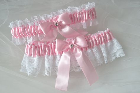 Wedding Garter - Complete Garter Set with Keepsake & Tossing Garter  -----------------------------------------------------------------------------------------------------------------------------------  This listing is for the set of these beautifully handmade light pink wedding garters.  Both the keepsake garter and tossing garter feature light pink bows centered with rhinestones.  All garters in my shop are made in a smoke free environment and will come nicely delivered in a gift box.   * SIZIN Thigh Accessories, Purple Garter, Garter Set Wedding, Pink Garter, Thigh Garter, Random Products, Light Pink Wedding, Hime Gyaru, Bridal Garters Set