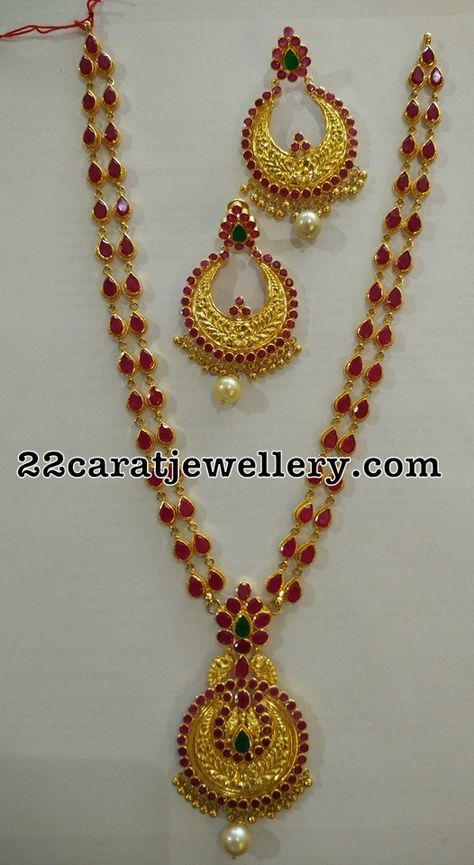 Ruby Long Haram Designs, Ruby Haram Designs, Stone Haram Designs Gold, Susan Shaw, Kalyan Jewellers, Temple Jewellery Earrings, Haram Designs, Gold Pearl Jewelry, Gold Jewelry Simple Necklace