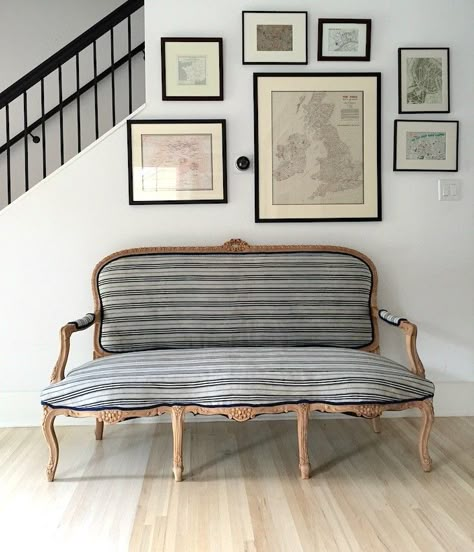 French Farmhouse Style Living Room, Striped Settee, Upholstery Pattern, Vintage Settee, Map Photo, Upholstered Settee, Striped Sofa, Scandinavian Fabric, Stair Rail