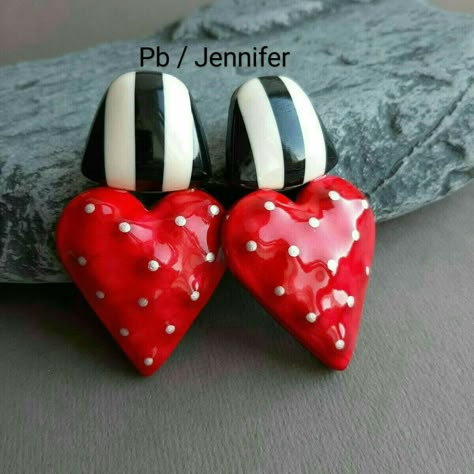 Earrings Silver Studs, Handmade Ceramic Jewelry, Red Heart Earrings, Polymer Clay Jewelry Tutorials, Ancient Jewelry, Red Earrings, Earrings Red, Diy Clay Crafts, Earrings Black