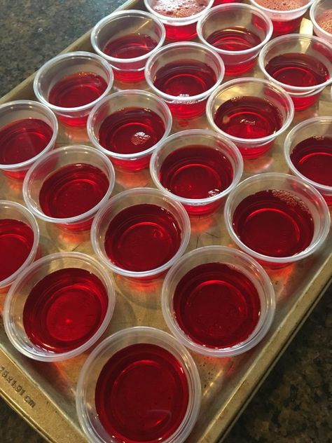 Fireball Jello Shots | The Cookin Chicks Thanksgiving Jello, Fireball Jello Shots, Fireball Shots, Cherry Jello Shots, Easy Jello Shots, Best Jello Shots, Jello Pudding Shots, Halloween Jello Shots, Frozen Drinks Alcohol