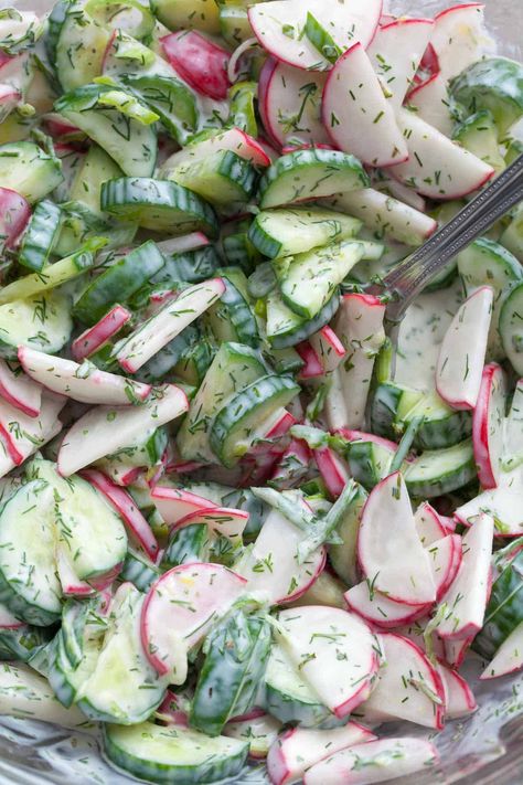 Cool off with a refreshing cucumber radish salad tossed in a light and creamy yogurt dill dressing. Perfect for hot summer days and grilling! Cucumber Radish Salad With Dill, Romaine Salad Ideas, Radish Cucumber Salad, Yogurt Dill Dressing, Cucumber Radish Salad, Healthy Cucumber Salad, Salad With Dill, Dill Salad, Tomato Pasta Salad