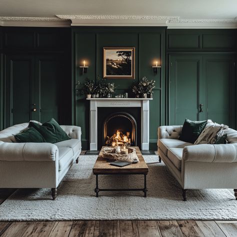 27 Green Living room ideas for your home Green Panel Wall, Green Living Room Designs, Forest Green Living Room, Fireplace Dark, Dark Green Paint, Green Living Room Ideas, Velvet Tufted Sofa, Vintage Style Rugs, White Fireplace