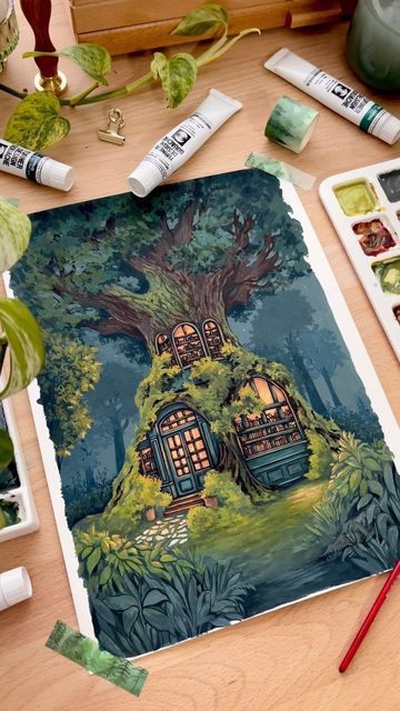 Forests Aesthetic, Forest Gouache, Enchanted Art, Painting Sketchbook, Gouache Illustration, 2024 Art, 2023 Art, Gouache Illustrations, Illustration Work