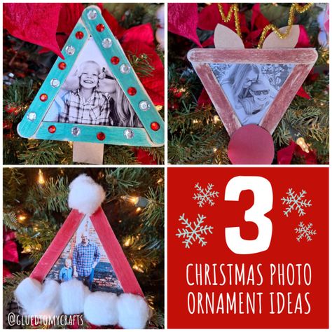 THREE Popsicle Stick Christmas Picture Frame Craft Ideas - Glued To My Crafts Christmas Frame Craft, Picture Frame Ornaments Diy Kids, Gifts List Ideas, Frame Craft Ideas, Christmas Gifts List, Popsicle Stick Picture Frame, Diy Photo Ornaments, Popsicle Stick Ornaments, Picture Christmas Ornaments