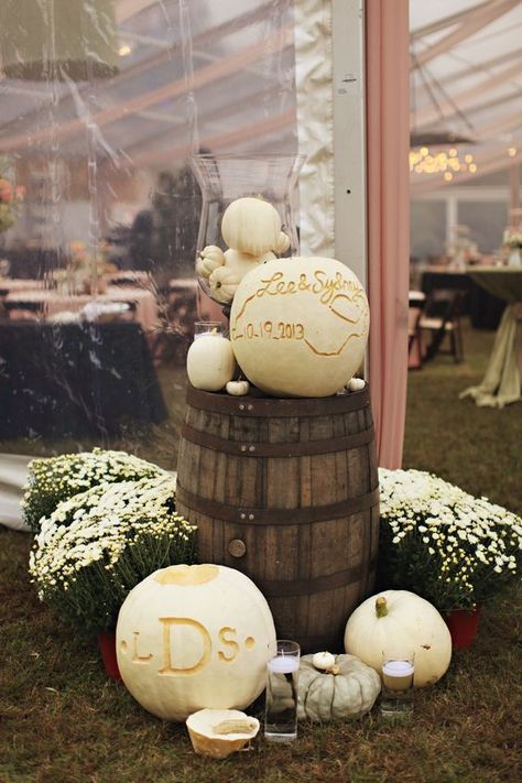 Monogram carved white pumpkins, wine barrel, and white mums at the tent entrance for a fall wedding / http://www.himisspuff.com/fall-pumpkins-wedding-decor-ideas/4/ Crème Nails, Wine Barrel Wedding, Mums Wedding, Barrel Wedding, White Mums, Pumpkin Wedding, Autumn Wine, Fall White, Wine Barrels