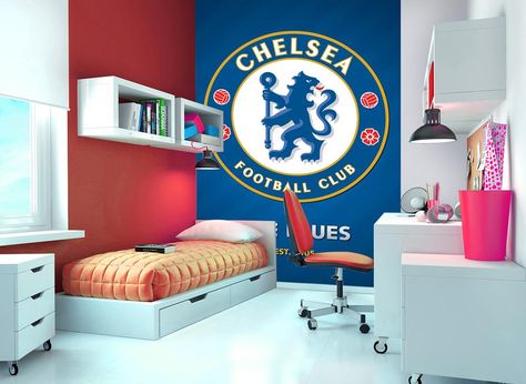 Chelsea Football Mural #chelsea #mural #wallpaper #children #home #decor Chelsea Bedroom, Cinderella Bedroom, Chelsea Fc Wallpaper, Murals Wallpaper, Wallpaper Murals, Wallpaper Decor, Wallpaper Bedroom, Boy's Bedroom, Chelsea Fc