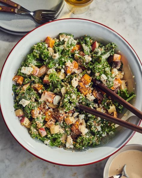 Kale and Quinoa Salad with Roasted Squash and Sweet Potatoes | Kitchn Meal Salads, Roasted Veggie Salad, Longevity Recipes, Julia Childs, Salad Quinoa, Plate Recipes, Kale Quinoa, Kale Quinoa Salad, Make Ahead Salads