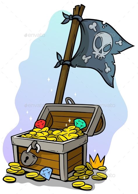 Cartoon open treasure chest with diamonds, gold coins and black pirate flag isolated on blue background. Vector icon. Open Treasure Chest, Cartoon Treasure Chest, Treasure Illustration, Bones Cartoon, Treasure Cartoon, Black Pirate, Pirate Treasure Chest, Buy Gold And Silver, Ancient Roman Coins