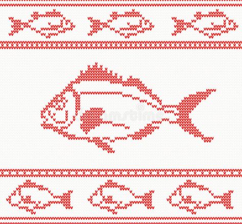 Knitted seamless pattern with fish vector illustration Stranded Knitting Patterns, Fish Christmas, Greeting Card Image, Fishing Christmas, Crochet Fish, Fish Vector, Graph Design, Animal Cross Stitch Patterns, Crochet Cross