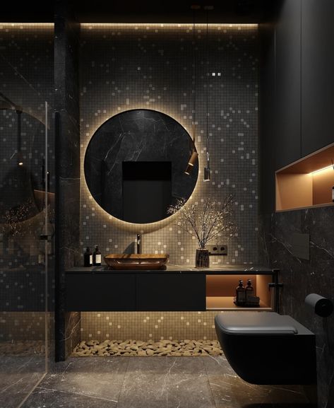 Black And Gold Bathroom, Bathroom Design Black, Dark Bathrooms, Sophisticated Bathroom, Black Interior Design, Luxury Living Room Design, Exterior Remodel, Chic Bathrooms, Corner Shower