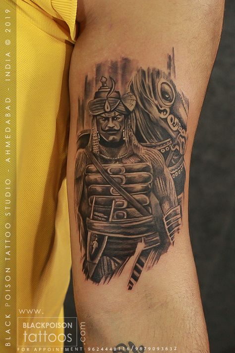 Great Warrior Maharana pratap tattoo #warriortattoo #warrior #warriortattooideas #tattoo #tattooideas #tattooidea #blacktattoo #tatttooideasforguys #blackpoisontattoos #tattoos Maharana Pratap Tattoo Design, Rajputana Tattoo, Maharana Pratap Tattoo, Dark Ink Tattoo, Maharana Pratap Art, Yogi Tattoo, Maharana Pratap, Spartan Tattoo, Mens Lion Tattoo