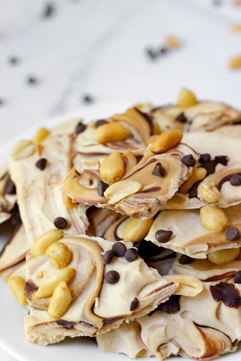 Peanut Butter Chocolate Frozen Yogurt Bark The Bigley Basics, Frozen Yogurt Bark Peanut Butter, High Protein Frozen Desserts, Dairy Free Yogurt Bark, High Protein Yogurt Bark, Peanut Butter Chip Frozen Yogurt Bars, Protein Bark Recipe, Peanut Butter Frozen Yogurt Bars, Peanut Butter Yogurt Bark