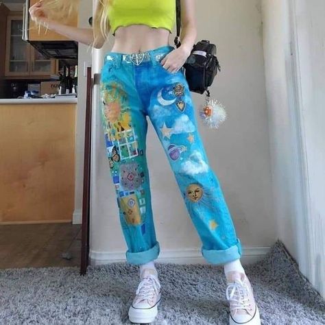 Cute Colorful Outfits, Aesthetics Clothes, Cowboy Pattern, Trippy Clothes, Denim Art, Diy Clothes Design, Pants Skirt, Fashion Cartoon, Painted Jeans