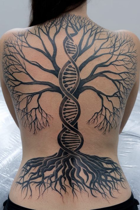 A dramatic DNA tattoo that forms the trunk of a massive Tree of Life is a breathtaking design. The roots are made of intertwining DNA strands, while the branches stretch wide across the back. Barren Tree Tattoo, Dna Strand Tattoo, Strand Tattoo, Dna Tree Of Life, Massive Tree, Heart Tattoo On Finger, Dna Tree, 2025 Vibes, Dna Strand